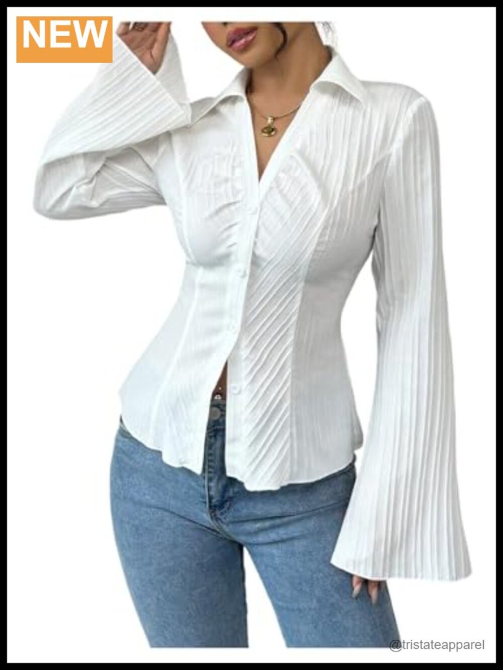 Bell Sleeve Button Up Shirt Collared Long Sleeve Fitted Ruched Textured Dressy